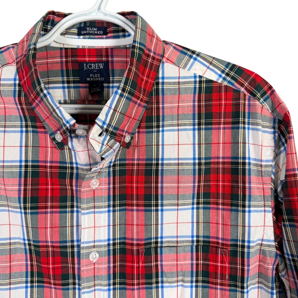 J.Crew Flex Washed Slim Untucked Shirt Button Down Mens L Red Plaid L/S Cotton